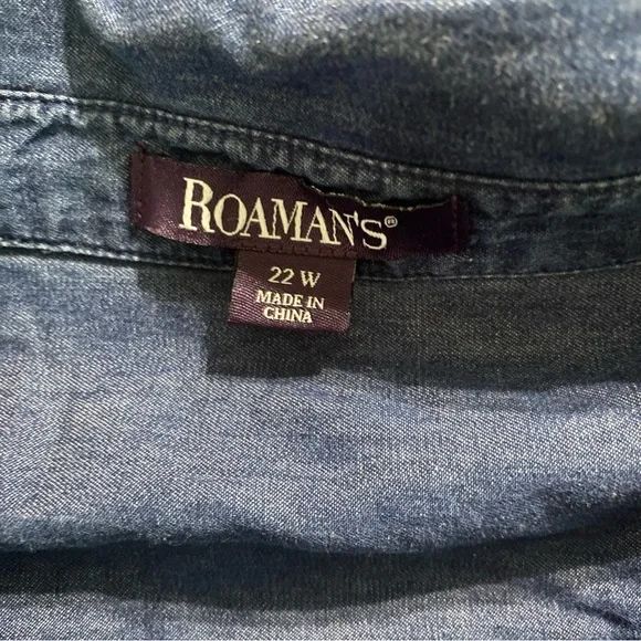 Roamans Blue Denim Look Cotton Floral Cut Out V Neck Button Up - Picture 6 of 6